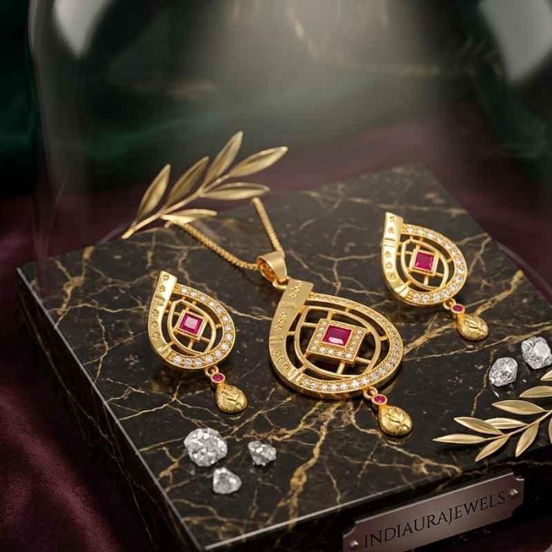 Gold Ruby Pendant Jewellery Set