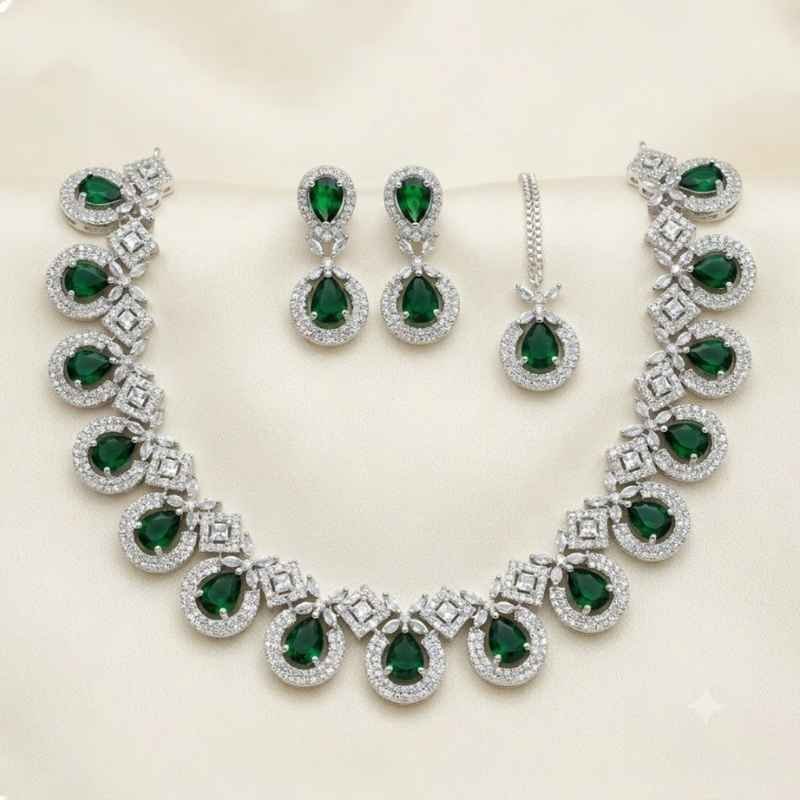 Green Stone Silver-Tone Necklace for Women