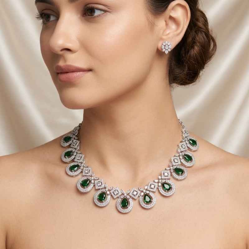 Green Stone Silver-Tone Necklace for Women
